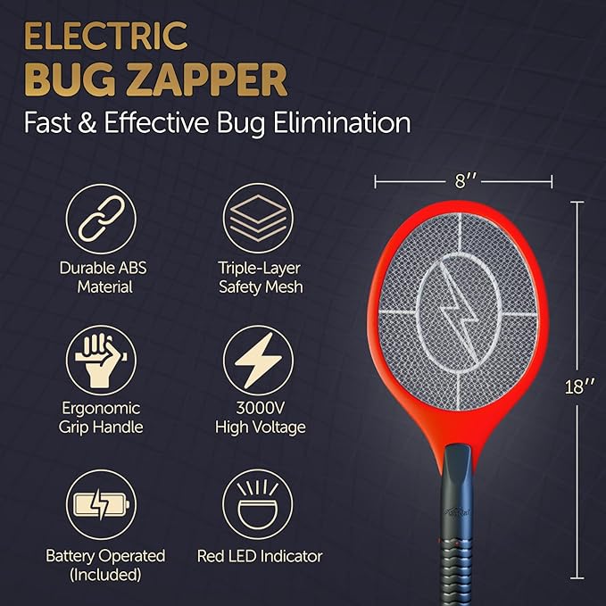 Electric Mosquito & Fly Racket/Swatter - Rechargeable Insect Swatter with LED Light, Portable Bug Zapper for Indoor & Outdoor Use, Safe & Effective Insect Killer