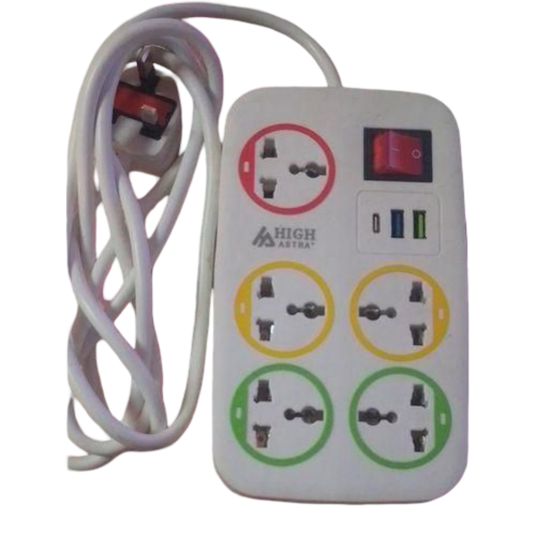 Astra High Quality 6-Way Extension Socket with 3 USB Ports & 1 Type-C Slot - 3M Heavy Duty Power Strip, 2500W Max, Surge Protection, Modern Design for Home and Office