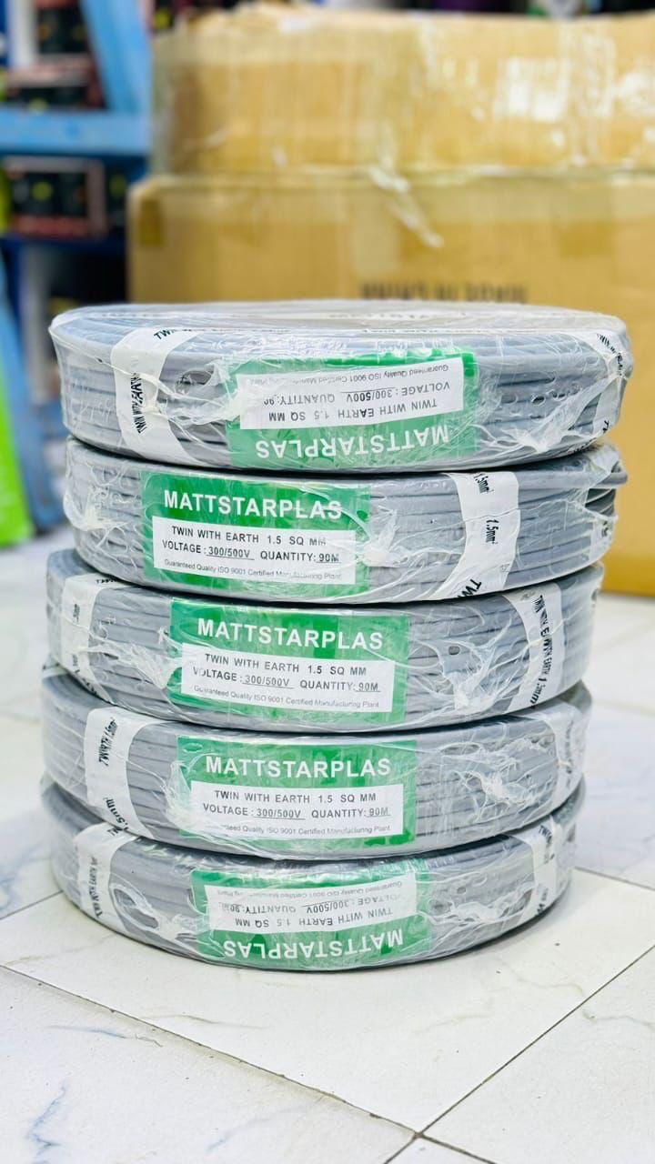 1.5 MM Twin Mattstarplus Electrical Wire – 90 Meters PVC Insulated Copper Cable, Fire-Resistant, for Indoor Wiring, Lighting, Sockets & Home Electrical Installations