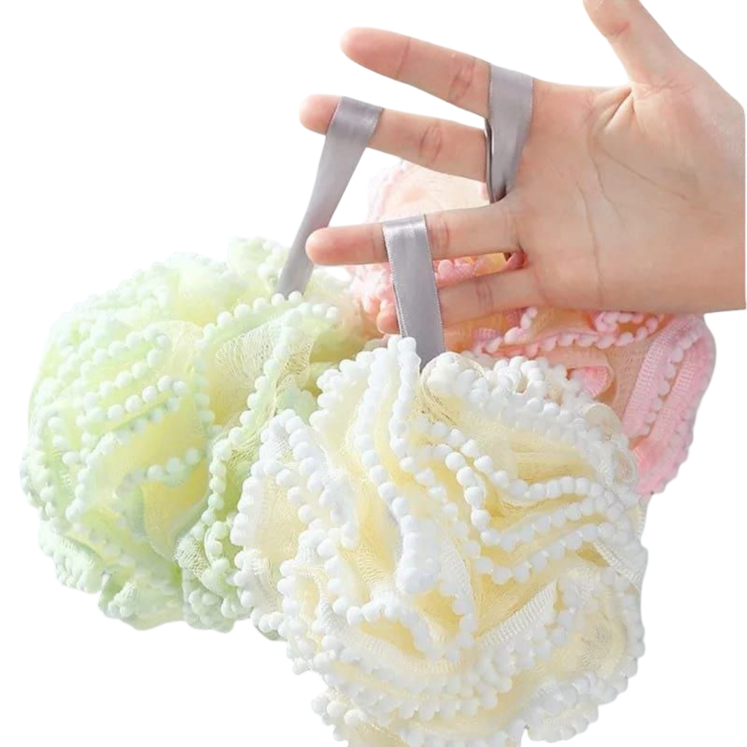 Pastel Mesh Bathing Sponge with Pom-Poms – Soft Exfoliating Shower Pouf, Bath Loofah for Women & Men | Gentle Scrub, Lather Booster, Cute Bath Accessory