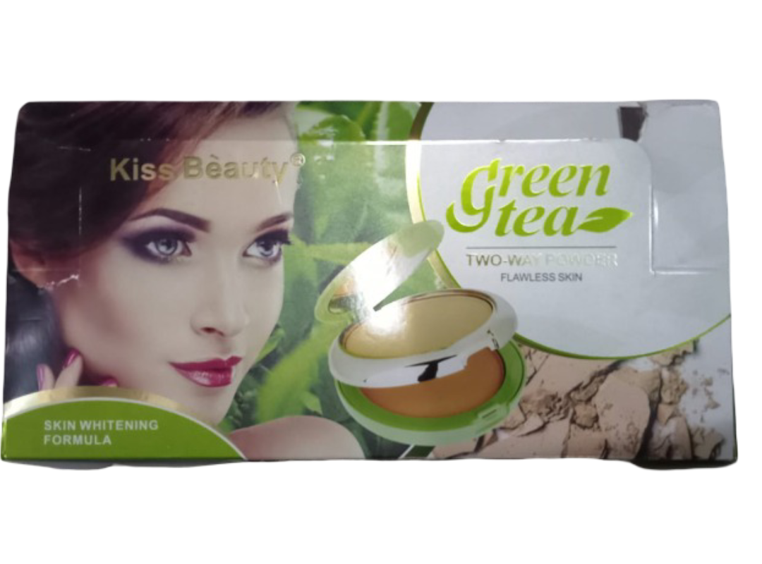 Kiss Beauty Green Tea Two-Way Powder – Flawless Skin Whitening Compact with SPF, Matte Finish & Oil Control | Makeup Foundation & Setting Powder for All Skin Tones