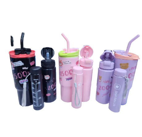 3 in 1 Leak-Proof Bear-Themed Water Bottle Set – 3-Piece Decorative Plastic Bottles with Built-in Straws, Motivational Hydration Text & Carrying Strap (Large + Small), BPA-Free for Kids & Adults