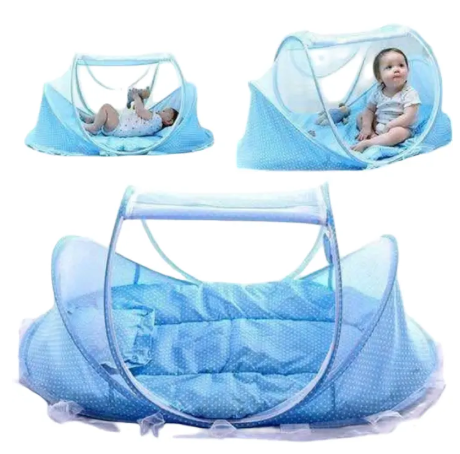 Baby zip closer mosquito net with mattress and pillow – 3-piece folding baby bedding set, portable U-shaped design with double zipper heads, includes soft mattress and pillow