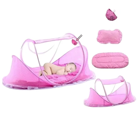 Baby zip closer mosquito net with mattress and pillow – 3-piece folding baby bedding set, portable U-shaped design with double zipper heads, includes soft mattress and pillow
