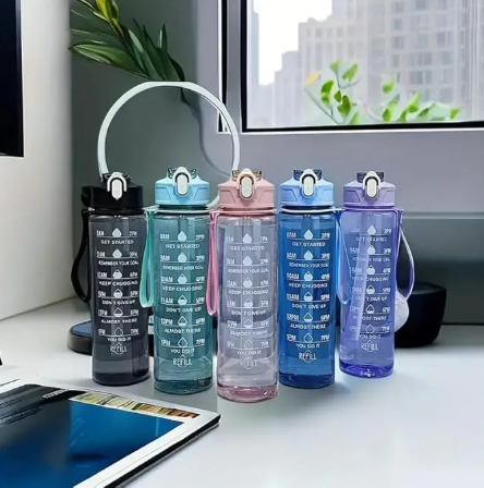 Motivational Water Bottle with Time Markers, 900ML, Leak-Proof Safety Lock, Silicone Straw (Multicolor) – Large Capacity Fitness Jug for Gym & Office, Reminder Sports Water Bottle