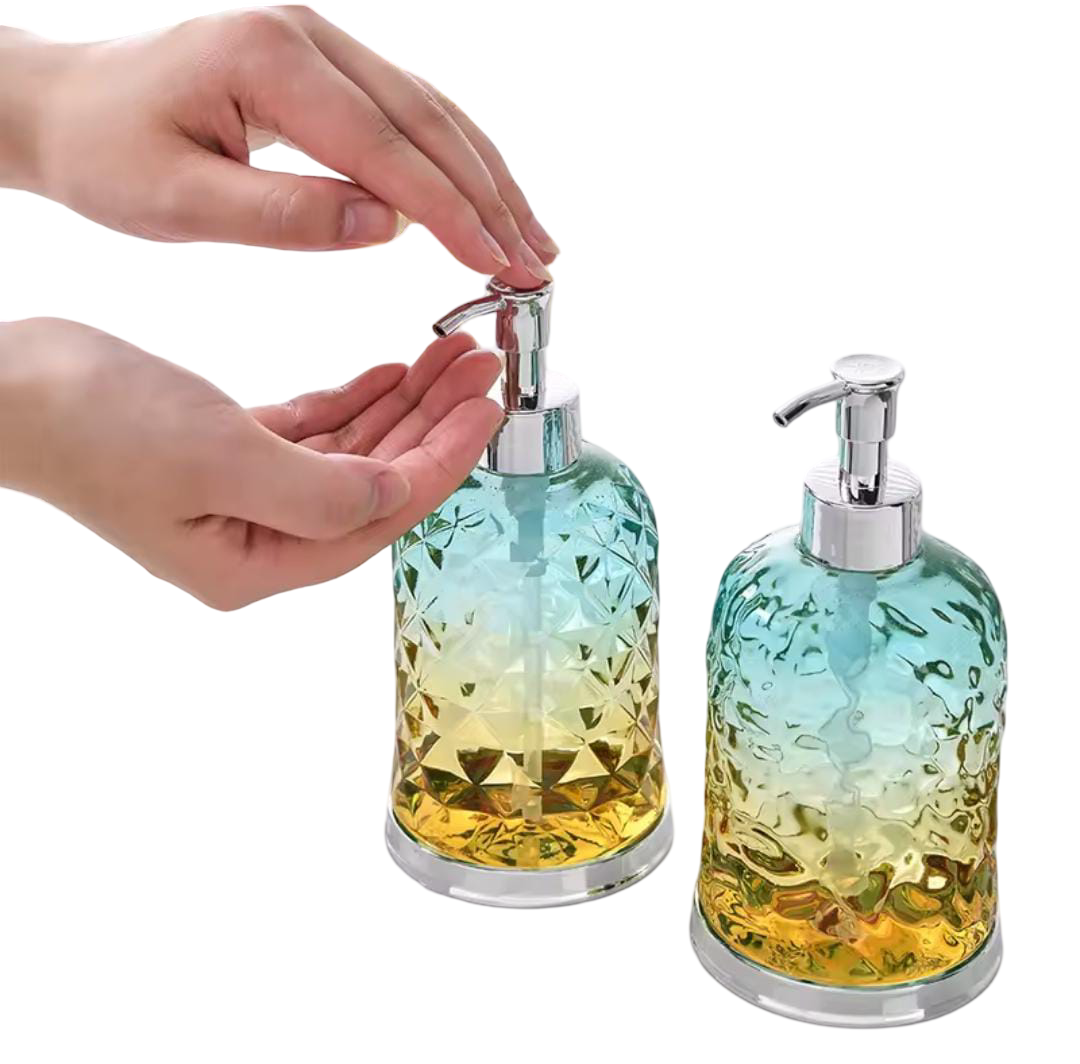 Elegant Glass Soap Dispenser. Featuring a stylish gradient design with textured patterns, it adds a modern decorative touch while keeping liquid soap, lotion, or sanitizer neatly stored.