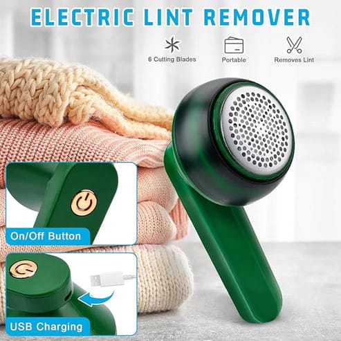 Rechargeable Electric Lint Remover. Equipped with 6 sharp cutting blades and a powerful motor, it quickly removes lint, fuzz, and fabric pills from sweaters, coats, blankets, and upholstery.