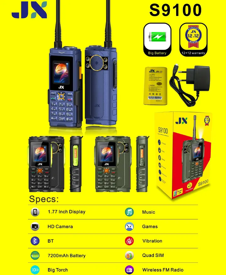 BRAND NEW JX S9100 QUAD SIM POWER BANK PHONE 1.77 inch Display 7200mAh Buletooth Vibrator/Wireless FM/ MP3/MP4/Big Torch/ Auto callrecording/Power Bank Cell Feature Phone