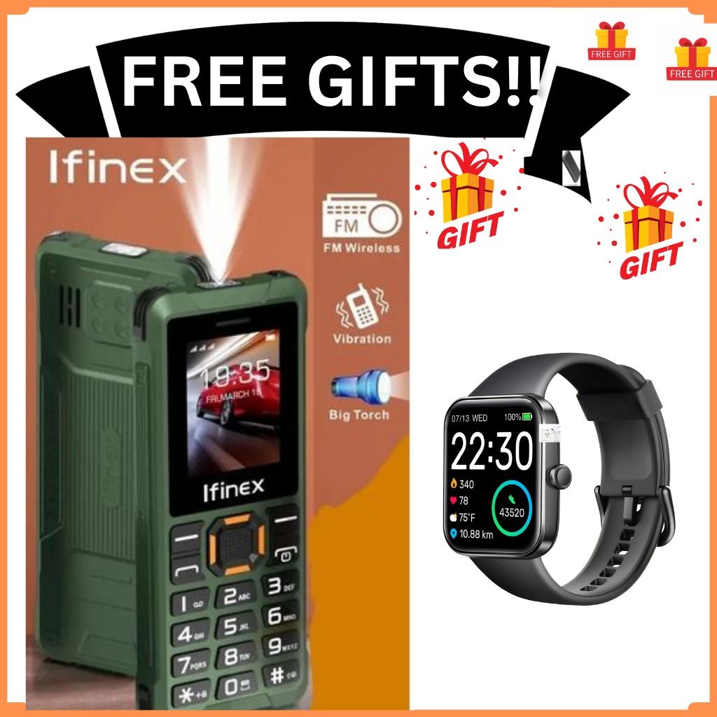 Ifinex T400 TRIPLE SIM CARD FEATURE PHONE WITH Bluetooth /Wireless FM/SD Slot kabambe/katululu/mulika mwizi/button feature phone +FREE GIFTS(SMARTWATCH)