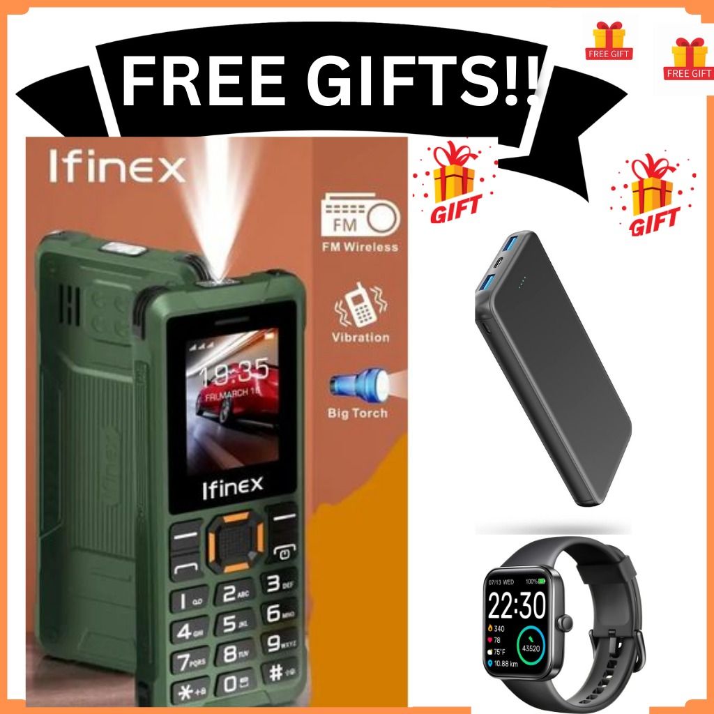 Ifinex T400 TRIPLE SIM CARD FEATURE PHONE WITH Bluetooth /Wireless FM/SD Slot kabambe/katululu/mulika mwizi/button feature phone +FREE GIFTS(POWERBANK + SMARTWATCH)