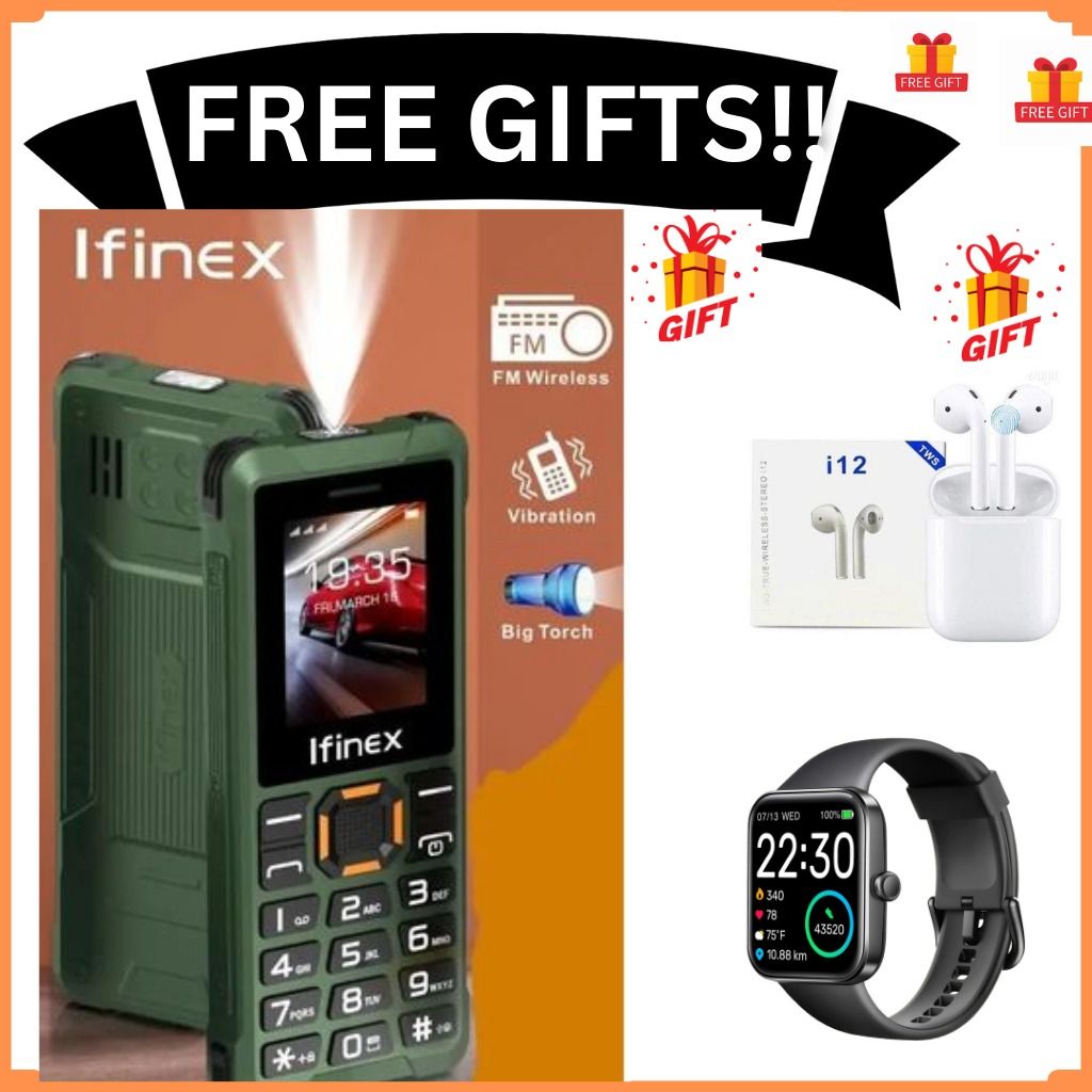 Ifinex T400 TRIPLE SIM CARD FEATURE PHONE WITH Bluetooth /Wireless FM/SD Slot kabambe/katululu/mulika mwizi/button feature phone +FREE GIFTS(EARPODS +SMARTWATCH)