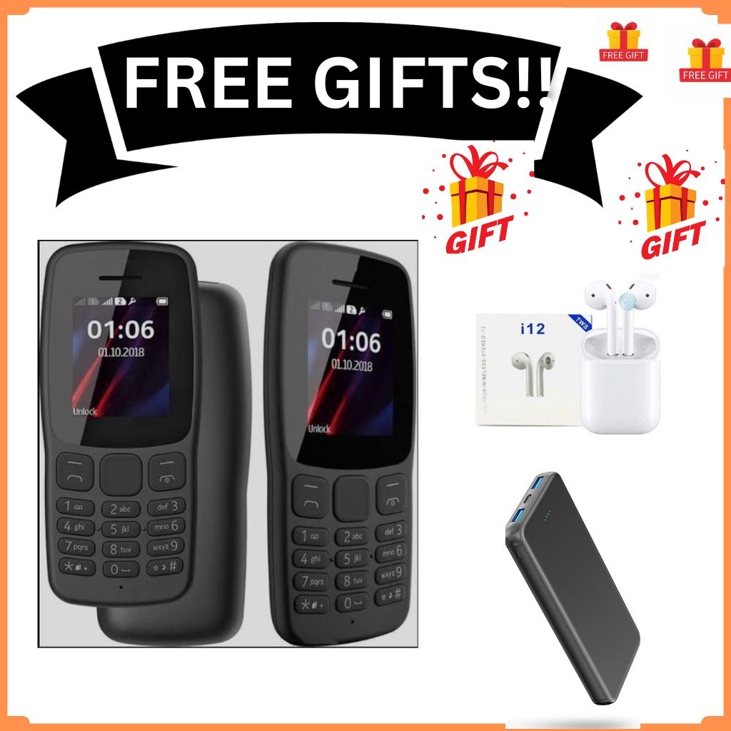 BRAND NEW Nokia 106 4G!!! Mobile Phones, 1.8" Dual SIM Cards Cell Phone 800 MAh Removable Battery Cheap Durable with FM Radio and Micro USB connector FEATURED PHONE +FREE GIFTS (POWERBANK+EARPODS)