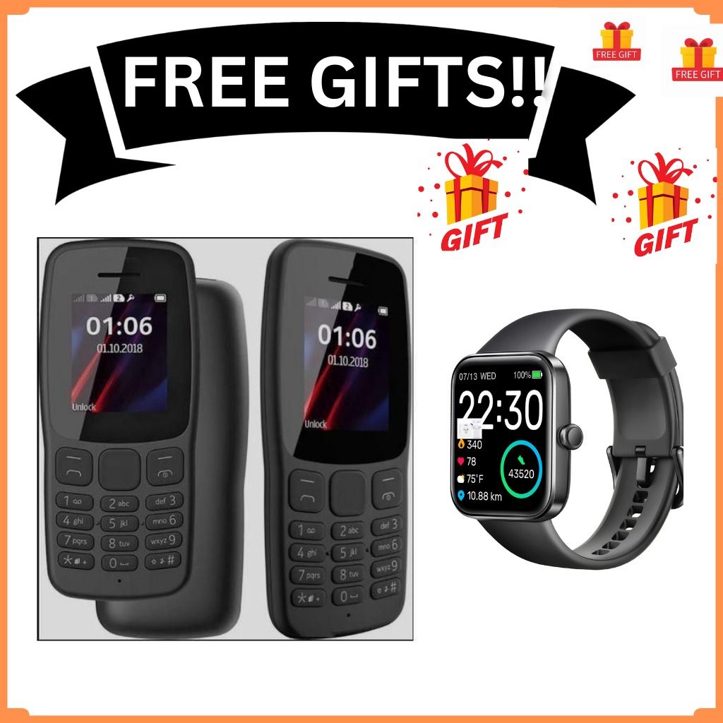 BRAND NEW Nokia 106 4G!!! Mobile Phones, 1.8" Dual SIM Cards Cell Phone 800 MAh Removable Battery Cheap Durable with FM Radio and Micro USB connector FEATURED PHONE +FREE GIFTS (SMARTWATCH)