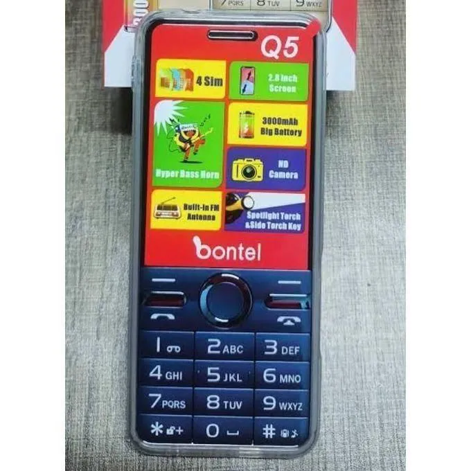 BONTEL Q5 2.8 Inch Big Screen Display, 3000mAh Big Battery, 4 SIM Cards, 32MB RAM, Big Torch, FM Radio, 2G Enabled, Phonebook 2000 Contacts - Feature Phones