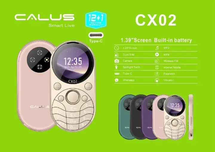 CALUS CX02 Dual SIM, 1.39" Screen, 4MP Digital Back Camera, Internet Access, FM Support, MP3/MP4, Spotlight Torch, Whatsapp, Facebook type C CHARGING FEATURED Phones