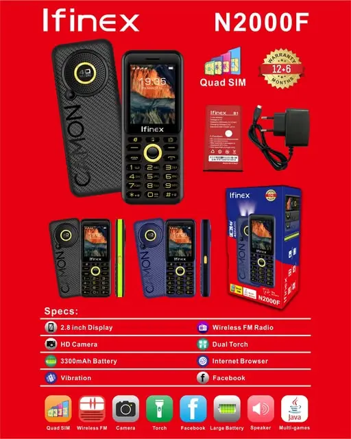 Ifinex N2000F QUAD SIM CARD 2.8" BIG SCREEN DISPLAY 3300mAh battery capacity FEATURE PHONE WITH Bluetooth /Wireless FM/SD Slot kabambe/katululu/mulika mwizi/button feature phone