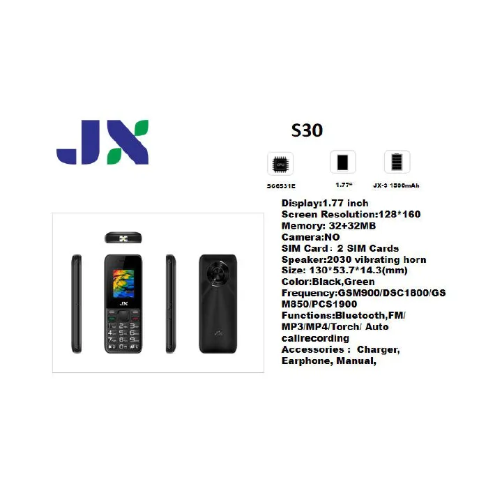 JX S30 DUAL SIM CARD KABAMBE/MULIKA MWIZI/BATTON/FEATURE PHONE WITH FM WIRELESS BATTERY 1500MAH TORCH LIGHT, 1.77" SCREEN DISPLAY FEATURED PHONE