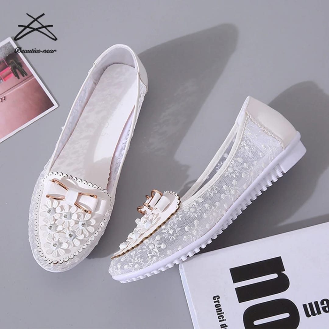 Summer Breathable Solid Color Vulcanized Shoes Floral Embroidery Bowknot Loafers Women Non-slip Clear fancy doll shoes