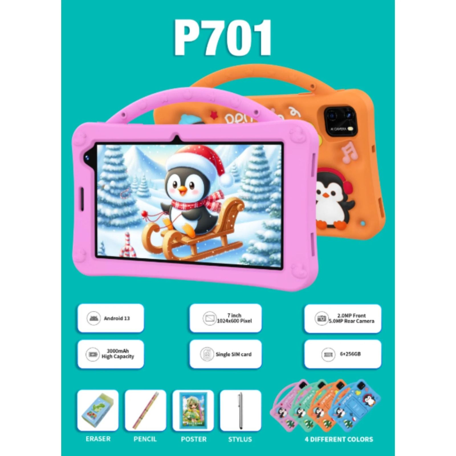 7-inch Android Tablet with 6GB RAM, 256GB storage, long-lasting 4000mAh battery, SIM & Wi-Fi support. Ideal for kids & students
