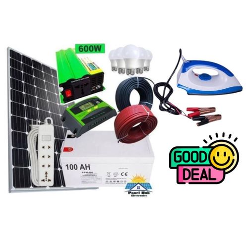 Solarmax All weather 100 Watts Solar Panel Full Installation Kit 100 Watts Solar Panel + 100 AH Solar Battery + 600 Watts Solar Power Inverter + 10 AH Solar Charge Controller + 5 DC Bulbs + DC Dry Iro