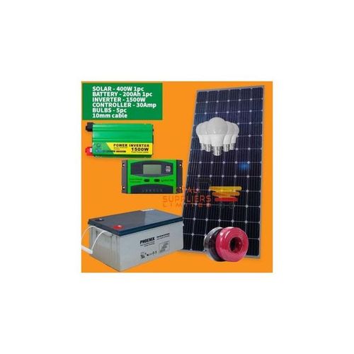 Solarmax 400Watts Solar Panel Full KIT +200 Ah Solar Battery +1500W Solar Power Inverter+30 Ah Solar Charge Controller+5 DC Bulb + 10M Cable