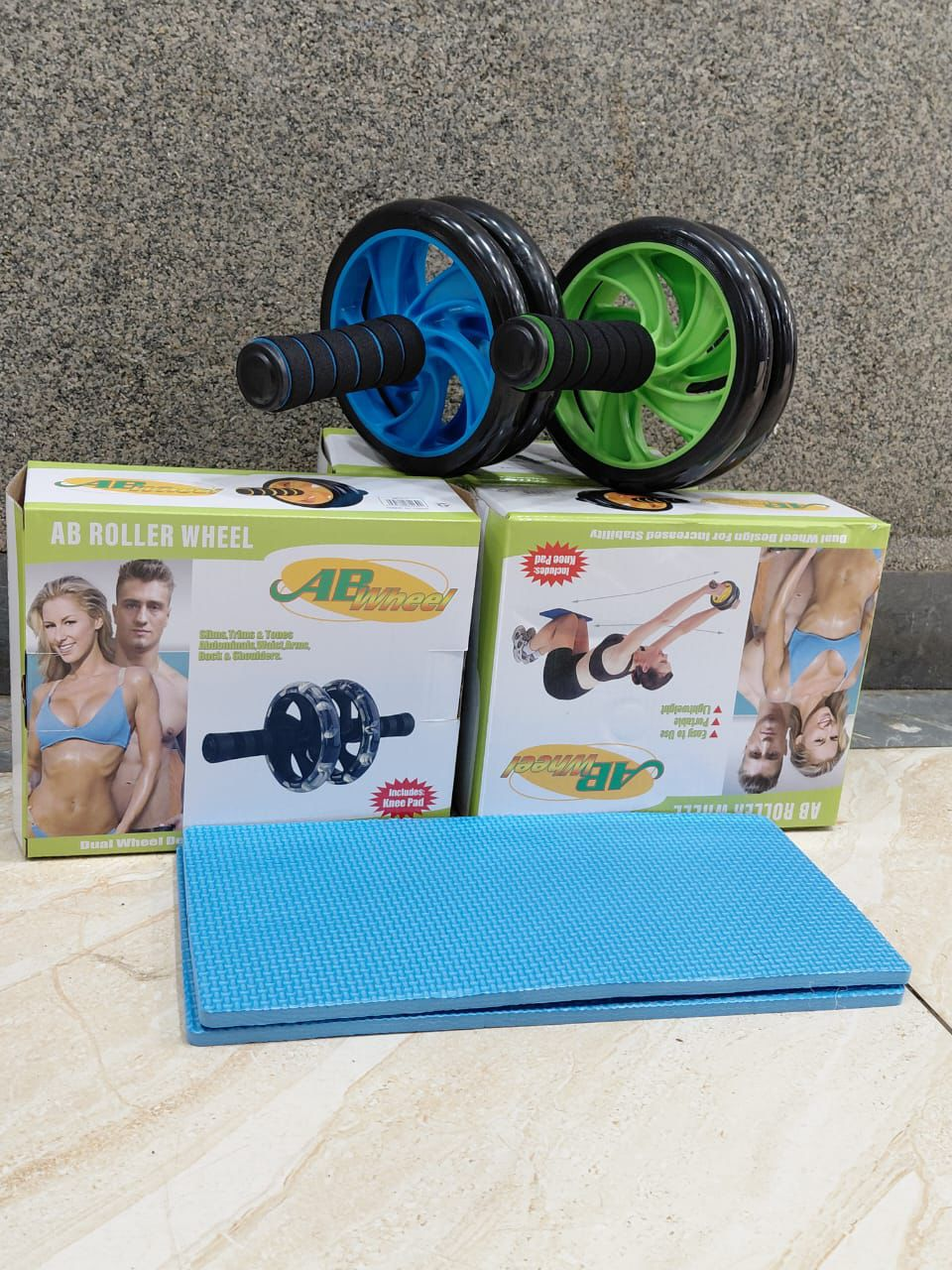 AB Wheel Double Wheel Fitness Abs Roller with Free Mat – Blue | Core Strength Trainer | Tummy Trimmer | Home Gym Exercise Equipment | Burn Belly Fat | Tone Body Fast