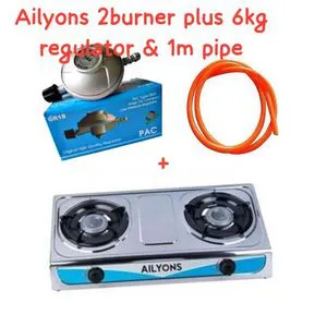 AILYONS Table Top Stainless Steel 2 Burner Gas Cooker AUTO IGNITION Plus 6kg Regulator And Pipe