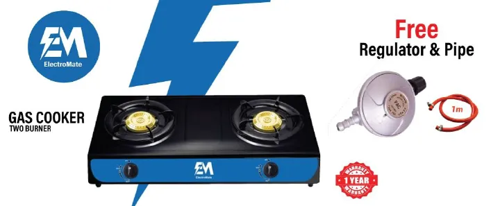 ElectroMate 2 Burner Stainless Steel Gas Cooker – Durable Tabletop with Brass Burners + 1MPipe + 6KG Regulator +clips