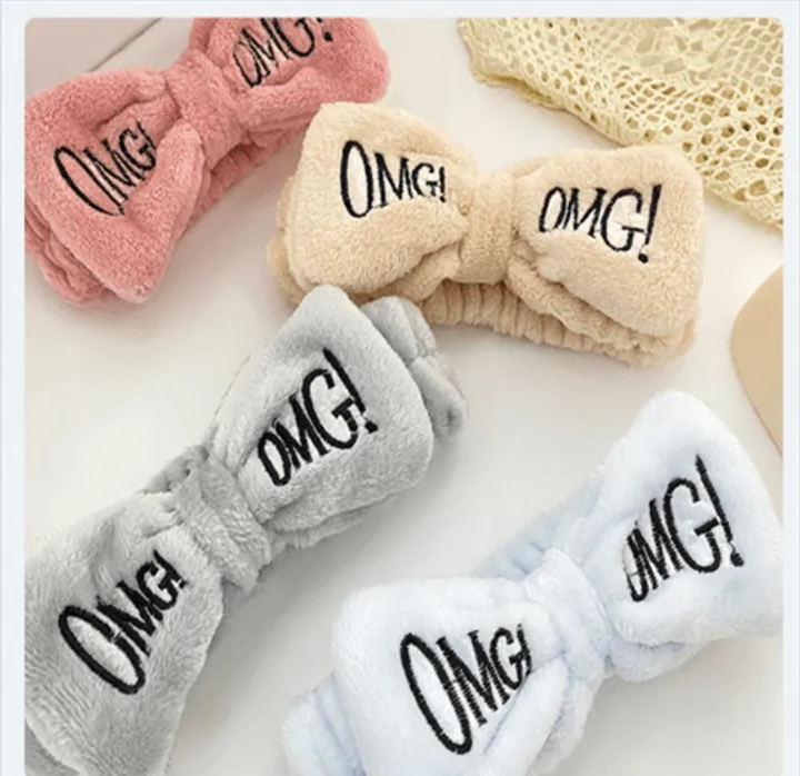 Flannel headband, lovely bow wash headwear embroidered letters OMG multicolor wash hair accessories