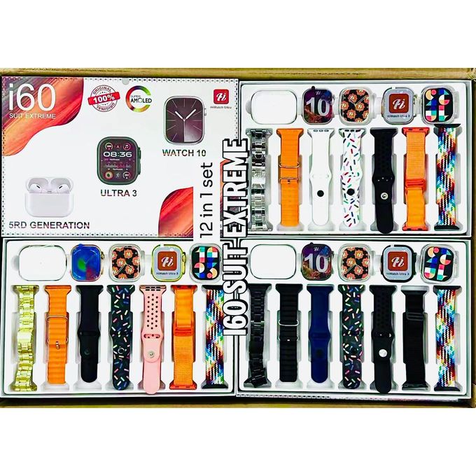 2026 NEW Original i60 SUIT EXTREME SMART WATCH 12 in 1 Combo Set Dual Watches & BT Earbuds Hot Sale UNISEX I60 Wireless Magnetic Charging 7 Straps Heart Rate Sleep Monitoring Android & iOS Compatible