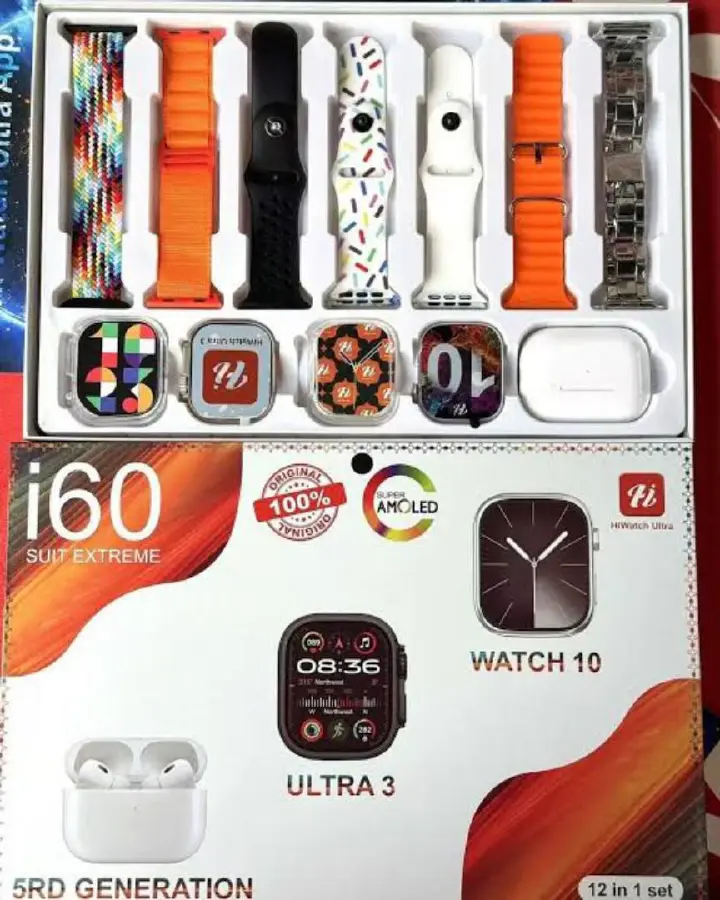 2026 NEW Original i60 SUIT EXTREME SMART WATCH 12 in 1 Combo Set Dual Watches & BT Earbuds Hot Sale UNISEX I60 Wireless Magnetic Charging 7 Straps Heart Rate Sleep Monitoring Android & iOS Compatible