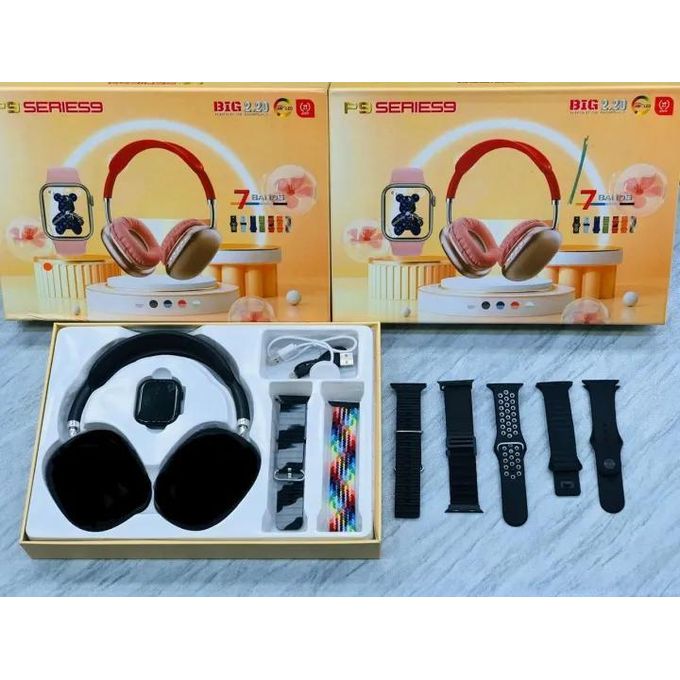 P9 Series 9 SmartWatch One Smart Watch 7 Straps with P9 Bluetooth Headphones Wireless Magnetic Charging P9 Headphones 7 Straps Heart Rate Sleep Monitoring Android & iOS Compatible