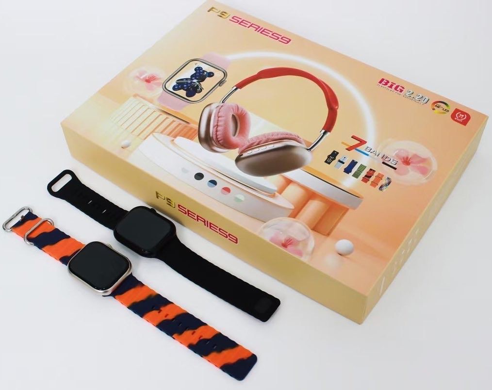 P9 Series 9 SmartWatch One Smart Watch 7 Straps with P9 Bluetooth Headphones Wireless Magnetic Charging P9 Headphones 7 Straps Heart Rate Sleep Monitoring Android & iOS Compatible