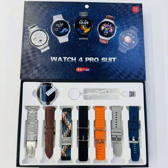 Watch 4 Pro Suit Smart Watch (8-in-1 Set) Multi-Strap Combo Set Hot Sale UNISEX Watch Wireless Magnetic Charging 7 Straps BT Connection Call, Heart Rate Sleep Monitoring Android & iPhone Compatible