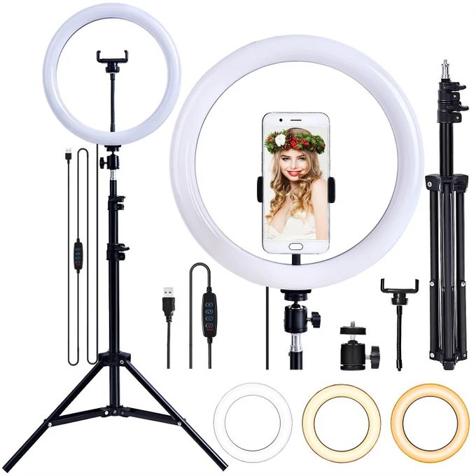 6 in 1 Ring Light 10 INCH 12 INCH 14 INCH Circular Selfie LED Fill RingLight + 2.1M Stand and Cell Phone Holder with 3 Colour Modes and 10 Brightness Levels for YouTube Live TikTok Video Recordings