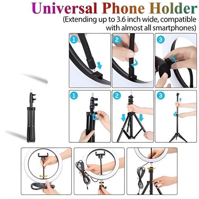 6 in 1 Ring Light 10 INCH 12 INCH 14 INCH Circular Selfie LED Fill RingLight + 2.1M Stand and Cell Phone Holder with 3 Colour Modes and 10 Brightness Levels for YouTube Live TikTok Video Recordings