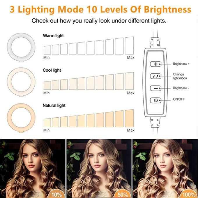 6 in 1 Ring Light 10 INCH 12 INCH 14 INCH Circular Selfie LED Fill RingLight + 2.1M Stand and Cell Phone Holder with 3 Colour Modes and 10 Brightness Levels for YouTube Live TikTok Video Recordings