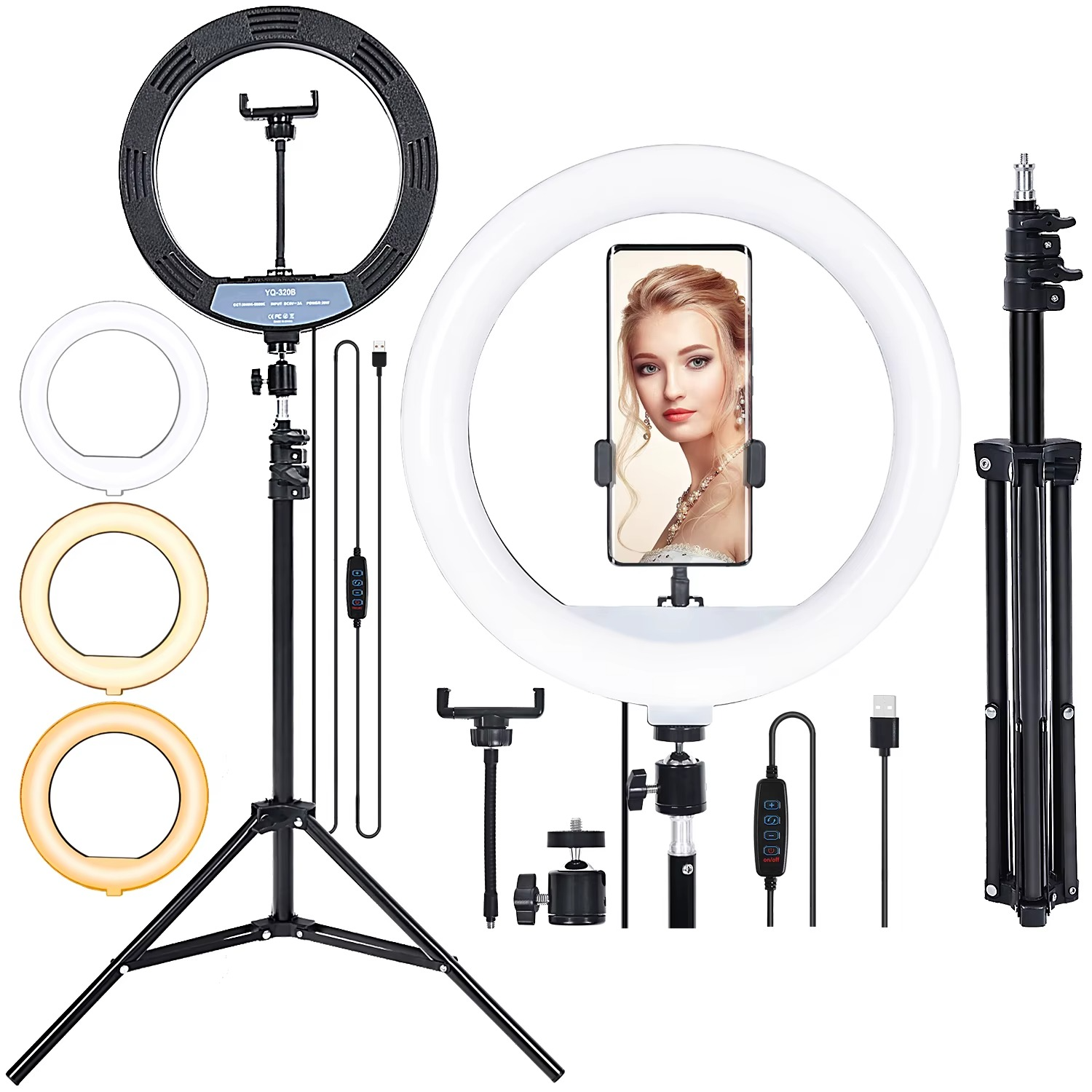 6 in 1 Ring Light 10 INCH 12 INCH 14 INCH Circular Selfie LED Fill RingLight + 2.1M Stand and Cell Phone Holder with 3 Colour Modes and 10 Brightness Levels for YouTube Live TikTok Video Recordings