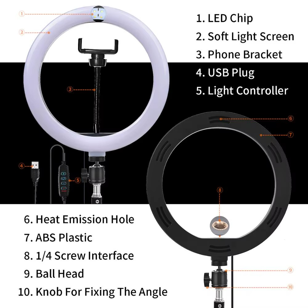 6 in 1 Ring Light 10 INCH 12 INCH 14 INCH Circular Selfie LED Fill RingLight + 2.1M Stand and Cell Phone Holder with 3 Colour Modes and 10 Brightness Levels for YouTube Live TikTok Video Recordings