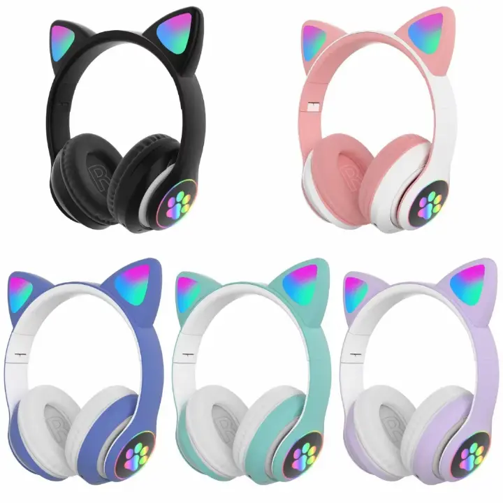 STN-28 Cat Ears Wireless Bluetooth Headphones With RGB LED Lights - Foldable, Rechargeable, Built-in Mic, Sports and Leisure Card Folding Headset Cartoon Luminous Cat Ears Stereo headphones With Mem