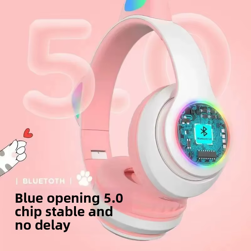 STN-28 Cat Ears Wireless Bluetooth Headphones With RGB LED Lights - Foldable, Rechargeable, Built-in Mic, Sports and Leisure Card Folding Headset Cartoon Luminous Cat Ears Stereo headphones With Mem