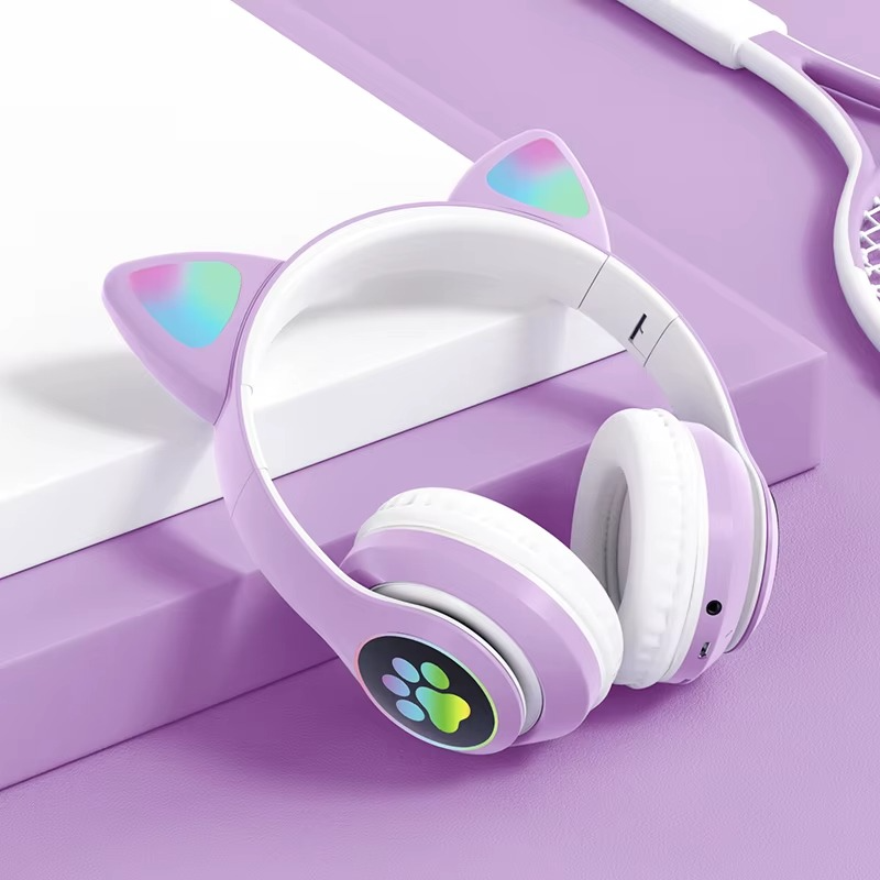 STN-28 Cat Ears Wireless Bluetooth Headphones With RGB LED Lights - Foldable, Rechargeable, Built-in Mic, Sports and Leisure Card Folding Headset Cartoon Luminous Cat Ears Stereo headphones With Mem