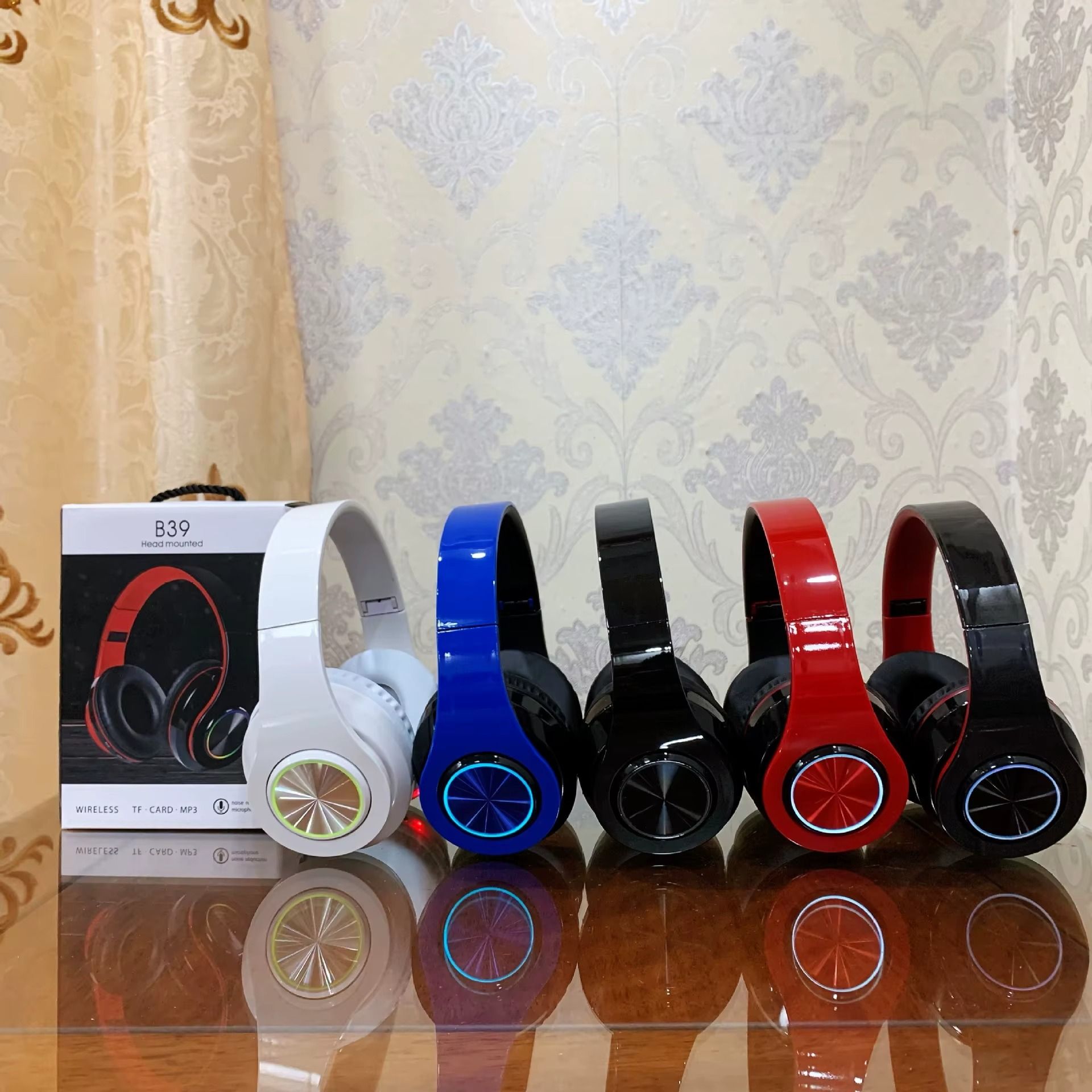 B39 RGB LED Wireless Headphones Over-Ear Foldable HiFi Stereo Built-in Mic Long Battery TF Card FM Gaming Headset for Phone or PC