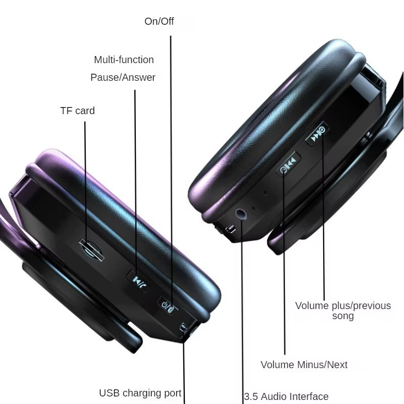 B39 RGB LED Wireless Headphones Over-Ear Foldable HiFi Stereo Built-in Mic Long Battery TF Card FM Gaming Headset for Phone or PC