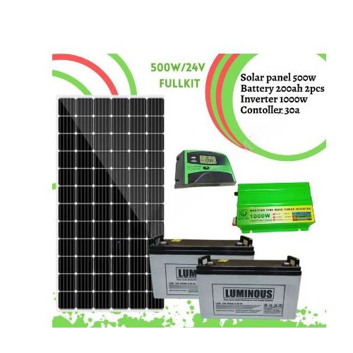 Powermate 500W Solar Panel Full Kit + 2 Pcs 200Ah Solar Battery +1000W Solar Power Inverter +30Ah Solar Charge Controller