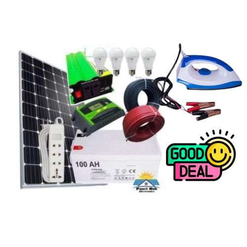 Solarmax Monocrystalline 100W Solar Panel Full Installation Kit 100W Solar Panel + 100AH Solar Battery + 300W Solar Inverter + 10AH Solar Controller + 4 DC Bulbs + Free extension + Free DC Iron Box +