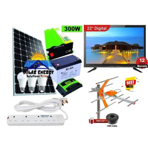 Solarmax 100Watts Solar Panel Full Installation Kit 100Watts Solar Panel + 80AH Solar Battery + 300Watts Solar Inverter + 10AH Solar Charge Controller + 3 DC Bulbs + Free 22 DC TV Solar TV + Extension
