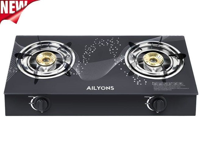 AILYONS Glass Top Gas Cooker 2 Burner Stainless Steel Gas Stove Double Burner Table Top Cooker + FREE 6KG Regulator Pipe Clips Kitchen Cooking Stove