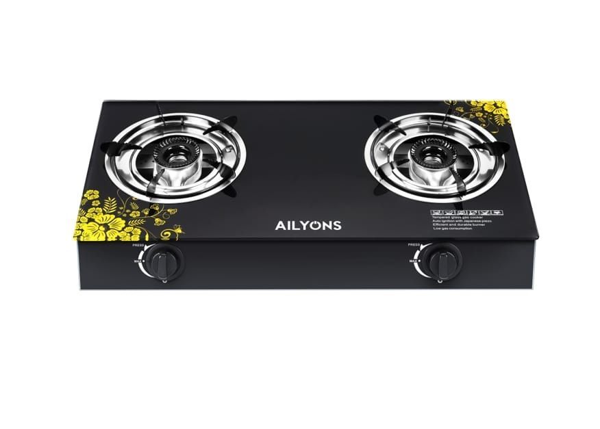 AILYONS Glass Top Gas Cooker 2 Burner Stainless Steel Gas Stove Double Burner Table Top Cooker + FREE 6KG Regulator Pipe Clips Kitchen Cooking Stove