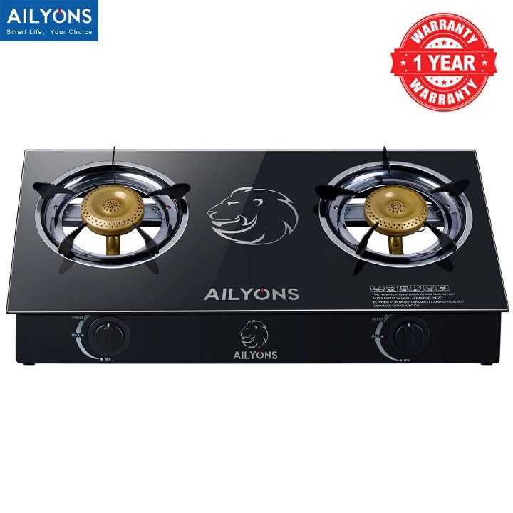 AILYONS Glass Top Gas Cooker 2 Burner Stainless Steel Gas Stove Double Burner Table Top Cooker + FREE 6KG Regulator Pipe Clips Kitchen Cooking Stove